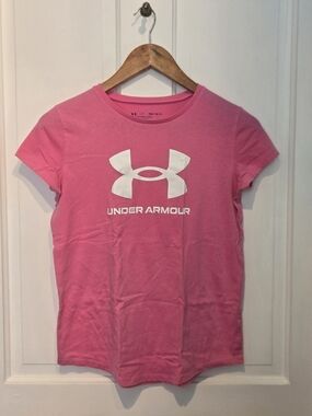 Under Armour Big Logo Graphic Tee Girls Youth Large Pink Athletic Shirt.